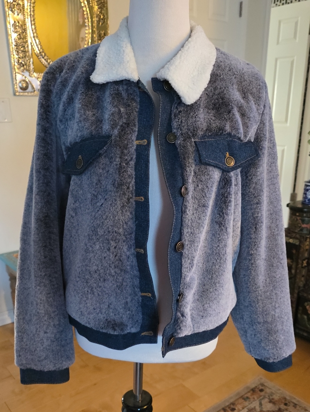 Fashion Nova Blue Teddy Jean  Jacket with White Sherpa Collar